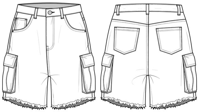 Denim Cargo Shorts Fashion Illustration for Apparel Design Mockup, showcasing frayed hem, front and back view, patch pockets, and topstitching for garment industry projects and sty.