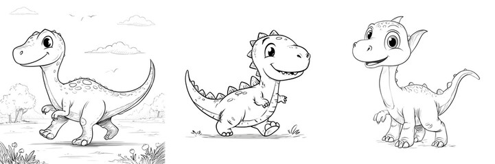 Obraz premium Set of A minimalist photograph of a dinosaur coloring sheet with simple line art, playful prehistoric dinosaur design, evenly lit on transparent png background. Ai generated