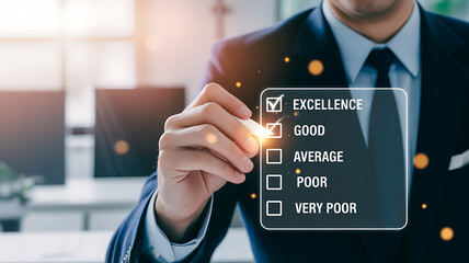 A close up cinematic shot of a businessman in a suit marking excellence on a virtual checklist in a modern office setting with a blurred background