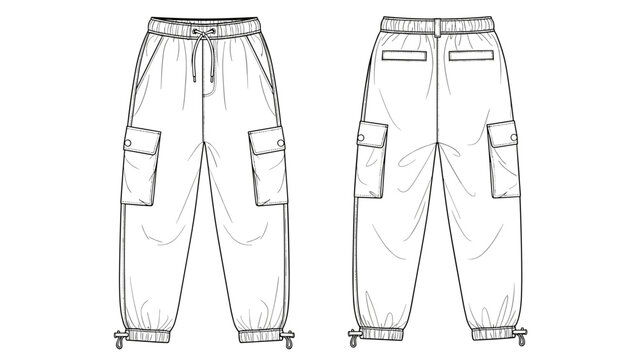 Fashionable cargo pants technical drawing showcases streetwear style, featuring relaxed fit, elasticated waistband, functional pockets for casual wear, fashion design and apparel c.