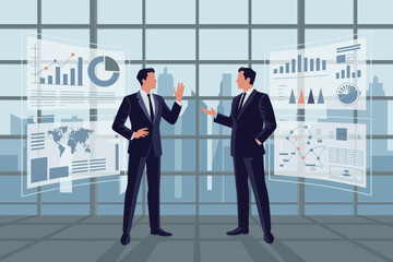 Professional businessmen discussing data analytics on futuristic interface in modern office business meeting financial strategy planning corporate teamwork communication presentation technology soluti