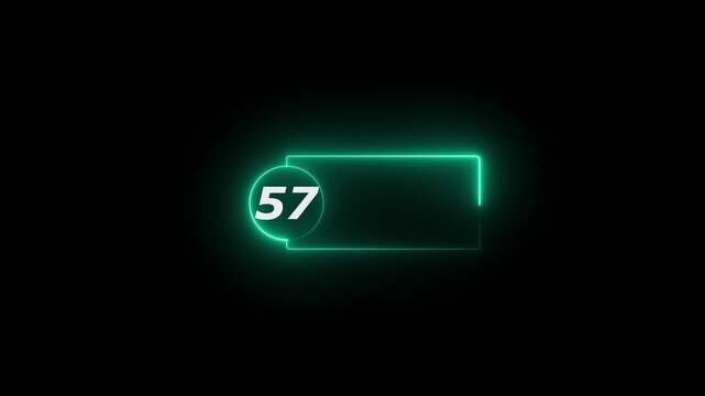 Blue Neon Number 57 Inside Circle With Rectangular Frame On Black Background sixty five numeral