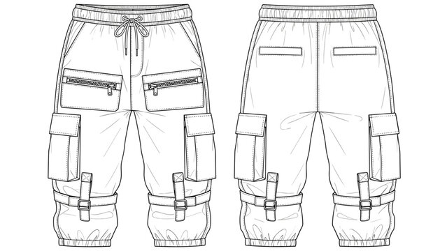 Detailed technical fashion drawing showcases jogger pants with cargo pockets and buckle strap accents for apparel design, emphasizing modern style and design documentation for spor.