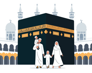 Muslim Family Pilgrimage to Kaaba in Mecca Saudi Arabia for Hajj and Umrah Islamic Religious Journey with Father Mother and Children in Traditional White Clothing Visiting Holy Place for Spirituality
