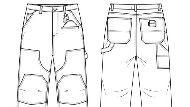 Detailed technical sketch of utility work pants in front and back view, illustrating industrial apparel design and construction, perfect for fashion design and manufacturing refere.
