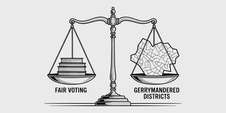 Fair Voting Versus Gerrymandering Concept Illustration Political Scales of Justice Weighing Fair Representation Against Gerrymandered Districts for Election Reform Advocacy and Democratic Process Awar