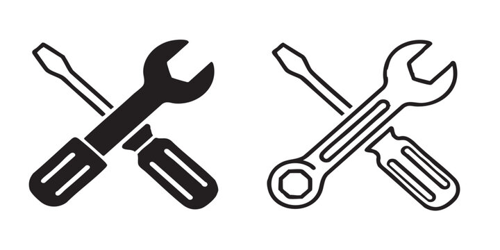Tool vector icon featuring screwdriver and wrench, representing repair and service concept, outline and filled style, isolated on transparent background, clean modern maintenance illustrationTool vect