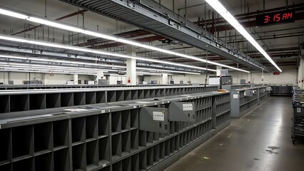 Expansive Interior View of an Empty Industrial Sorting Facility Awaiting Operations, Featuring Rows of Organized Shelving Under Bright Fluorescent Lighting