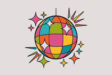 Vibrant retro disco ball with shining stars illustration for 1970s themed party invitation groovy celebration event graphic design fun funky retro aesthetic vintage style background for music festival