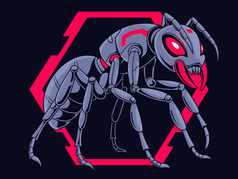Aggressive robotic ant with glowing red eyes and sharp mandibles in attacking stance vector illustration menacing insect robot for gaming esport logo design ai technology concept cybersecurity mascot
