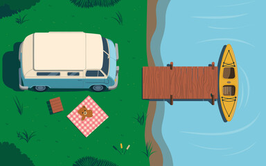Retro van camping near lake with yellow kayak and wooden dock for summer vacation travel adventure in nature scenic landscape recreation and relaxation lifestyle background for tourism and outdoor act