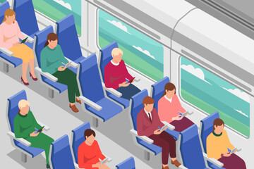 Isometric passengers sitting on train seats using digital tablets during commute travel transportation modern railway carriage interior illustration for public transport technology service mobile conn
