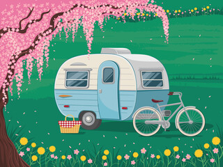 Retro camper van parked in idyllic spring meadow with cherry blossom tree and bicycle for outdoor adventure lifestyle illustration recreation vehicle travel vacation in nature park camping site scenic