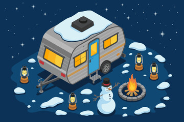Isometric winter camping scene with travel trailer camper and snowman enjoying campfire under starry night sky for holiday vacation adventure and recreational vehicle lifestyle travel blog and tourism