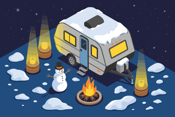 Isometric winter camping scene with travel trailer and snowman enjoying bonfire under starry night sky holiday vacation RV lifestyle illustration for seasonal greeting cards outdoor adventure blog pos