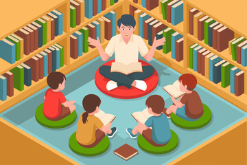 Smiling male teacher reading book to young diverse students in school library classroom with colorful books on shelves isometric illustration for elementary education learning storytelling and knowled