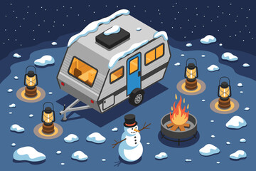 Isometric winter camping scene with travel trailer and snowman enjoying a campfire under the stars holiday vacation campsite adventure recreation lifestyle graphic illustration for seasonal marketing