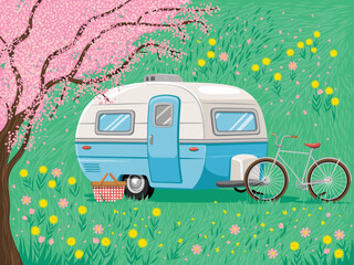 Vintage blue camping trailer parked in vibrant spring meadow with blossoming cherry tree and bicycle for outdoor lifestyle travel adventure recreational vehicle vacation getaway tourism concept art il