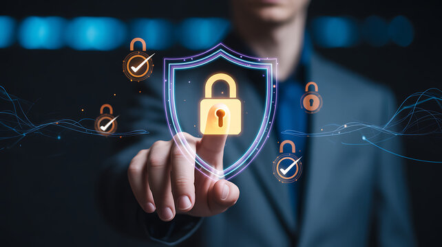 A close up photograph of a human hand touching a digital shield with a padlock surrounded by checkmarked locks on a dark background with blue lights - Powered by Adobe