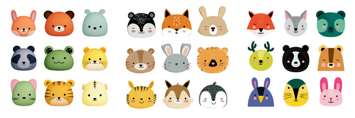 Fototapeta premium Set of Cute kitten face smiling with soft pastel fur tones, innocent expression on transparent png background. Ai generated