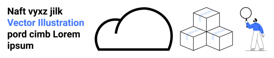 Fototapeta premium Minimalist cloud icon, stacked cubes, and person holding balloon illustrating data storage, creativity, and playfulness. Ideal for technology concepts, innovation, education, branding web design