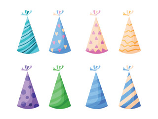 Flat style celebration props set with hats for birthday, carnival, new year, anniversary and party layout