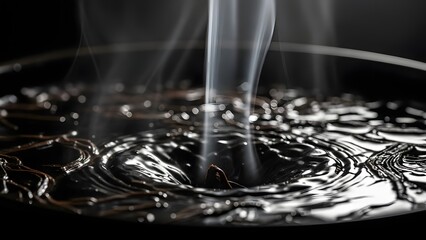 A solitary wisp of ethereal white smoke rises gracefully from a dark, reflective liquid surface, creating a mysterious and atmospheric visual effect.