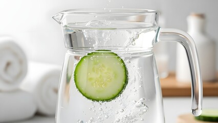 A clear glass pitcher filled with refreshing, bubbly water and a fresh slice of green cucumber, set against a bright, clean spa-like background.