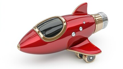 Red retro rocket toy on white background;  isolated image ideal for children's book illustrations