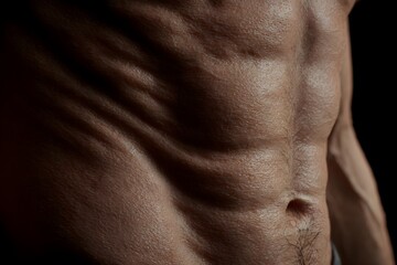 Naklejka premium Close-up of a muscular male torso with defined abdominal muscles, highlighted by dramatic lighting, showcasing skin texture and the essence of fitness and strength