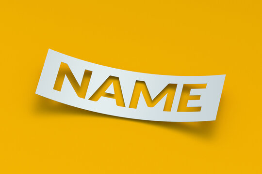 Name word cut out of folded paper. Surname and forename. Creative brand. Building designation. Contemporary nickname. Trendy pseudonym. 3d render