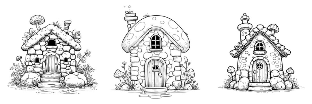 Set of Halloween themed coloring sheet for children, cute monsters, candy, pumpkin patch on transparent png background. Ai generated