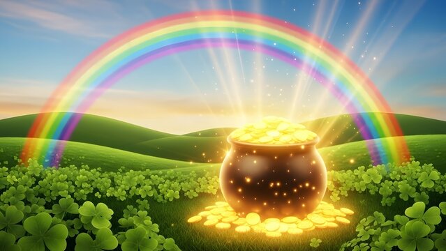 Happy st patrick's day rainbow over pot of gold beer in green irish landscape - Powered by Adobe