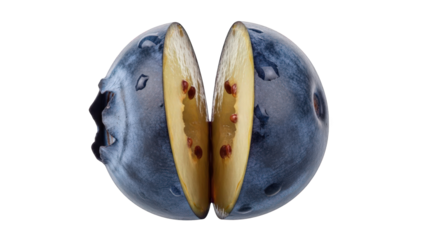 Split Blueberry with Yellow Flesh and Seeds on Black Background halved fruit