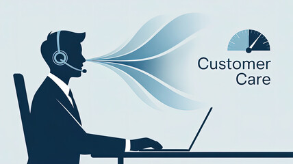 Customer Care Representative: A silhouette of a dedicated customer service representative is at his desk with a laptop and a headset, symbolizing care, dedication.