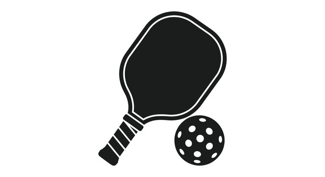 A simple black and white illustration of a pickleball paddle and a perforated ball