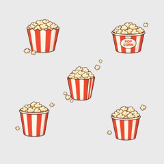 Set of illustrated popcorn buckets with scattered kernels, isolated on transparent background. Vector style elements for cinema, snack, entertainment, food design and packaging projects.
