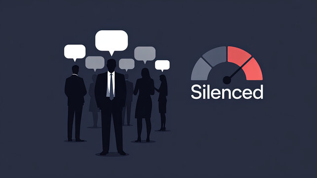 Silenced Conversation: A visual representation of suppressed communication, silhouetted figures with thought bubbles and a meter indicating the degree of silencing