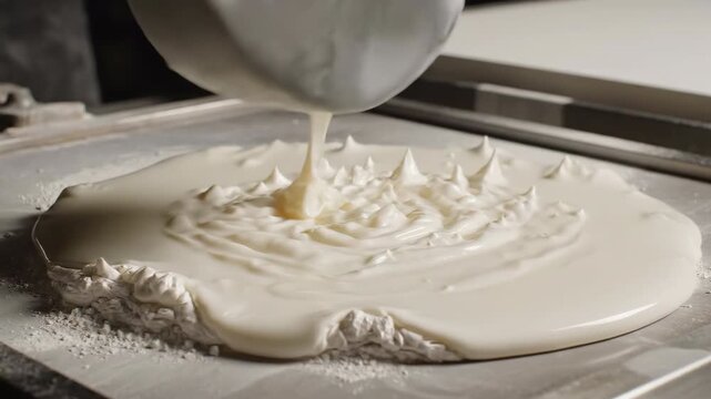 Close-Up of Thick White Liquid Being Poured Onto a Textured Surface with Steam Rising Creating a Circular Pattern with Fine White Powder Around the Edges