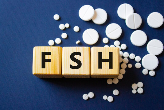 FSH symbol. Wooden cubes with words FSH Follicle stimulating hormone. Beautiful deep blue background. Healthcare and Follicle stimulating hormone concept. Copy space.