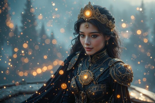 Portrait of a Regal Fantasy Queen in Ornate Black and Gold Dress
