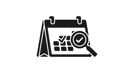 A simple black and white illustration of a calendar with a magnifying glass focusing on dates