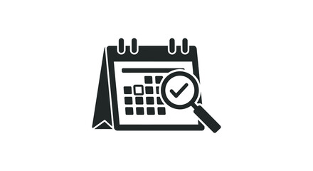 A black calendar icon with a highlighted date being inspected with a magnifying glass