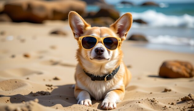 There's a Corgi dog with sunglasses lying on a sandy beach near the shoreline of an ocean. The dog is looking directly at the camera with a relaxed and happy demeanor
