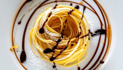 Elegant Tagliatelle Pasta Nest with Balsamic Glaze Drizzle.