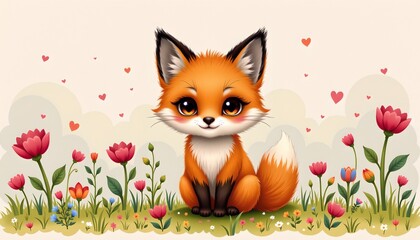 An animated fox with big, expressive eyes, sitting in a garden filled with flowers, surrounded by a light blue sky background with a few wispy clouds.