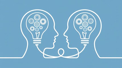 Two heads exchanging ideas with gear lightbulbs on blue