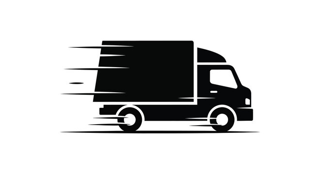 A sleek black silhouette of a delivery truck speeding forward with motion lines