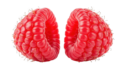 Two Raspberries Cut in Half Isolated on Black raspberry fruit