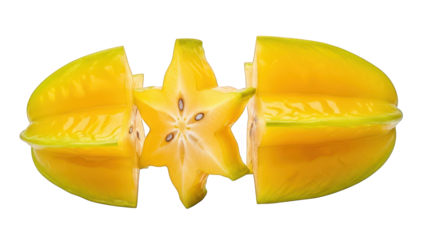 Yellow Star Fruit Halved and Sliced on Black Background carambola